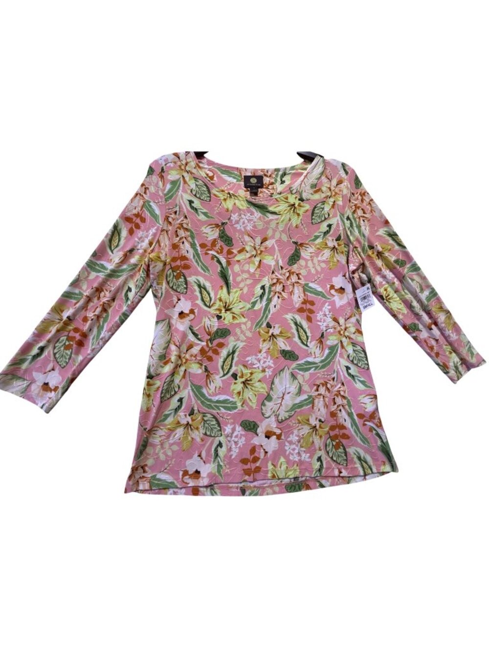 JM Collection Womens Small Floral Jacquard Knit Top Pink Multicolor 3/4 Sleeve